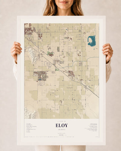 Eloy, Arizona map print, 24" x 36", W/ White Ayous Wood Frame