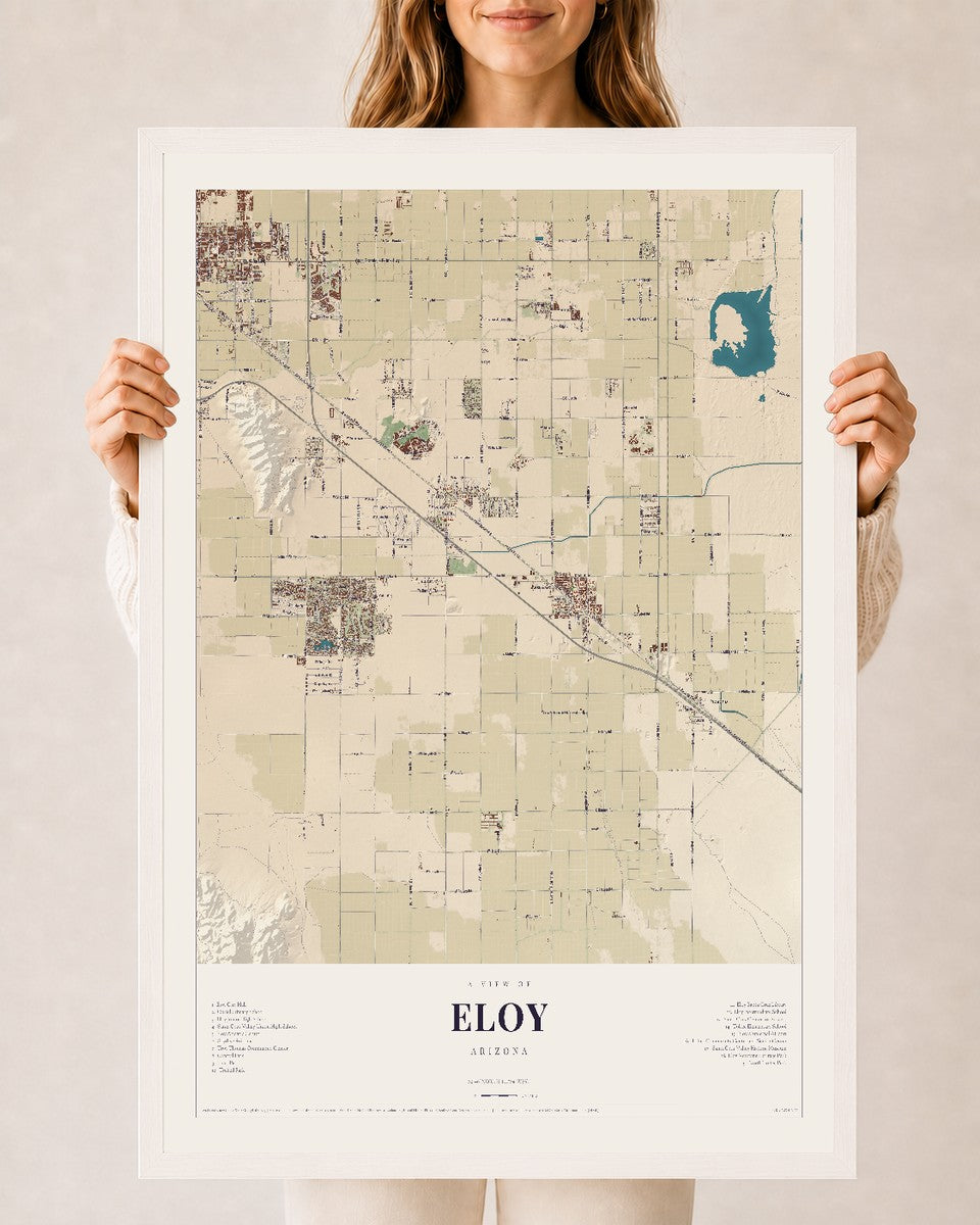 Eloy, Arizona map print, 24" x 36", W/ White Ayous Wood Frame