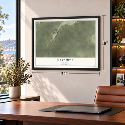 First Mesa, Arizona map, 18 x 24 inch print in a black frame in a home office