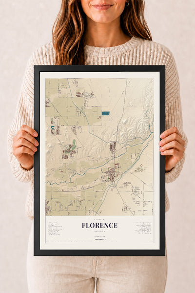 Florence, Arizona map print, 12" x 18", W/ Black Ayous Wood Frame