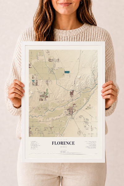Florence, Arizona map print, 12" x 18", W/ White Ayous Wood Frame