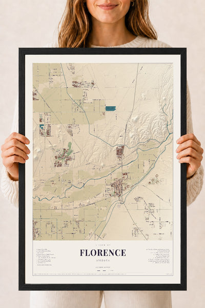 Florence, Arizona map print, 18" x 24", W/ Black Ayous Wood Frame