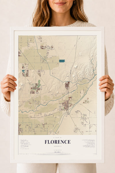 Florence, Arizona map print, 18" x 24", W/ White Ayous Wood Frame