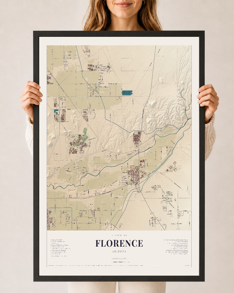Florence, Arizona map print, 24" x 36", W/ Black Ayous Wood Frame
