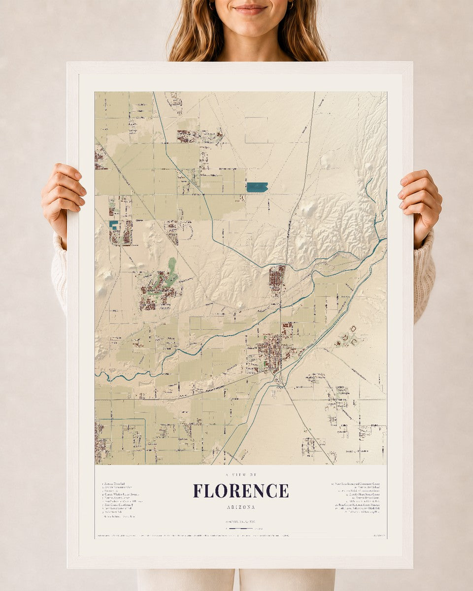 Florence, Arizona map print, 24" x 36", W/ White Ayous Wood Frame