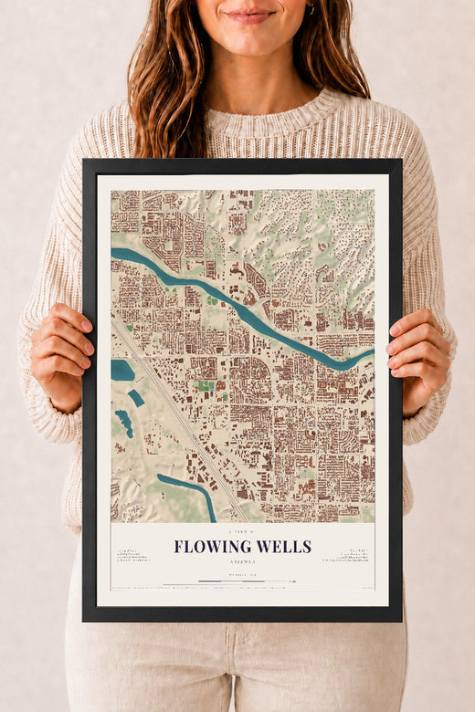 Map of Flowing Wells, Arizona, 12 x 18 inch print in a black wood frame