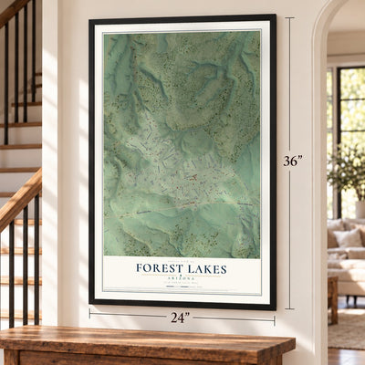 Forest Lakes, Arizona map, 24 x 36 inch print in a black frame by a staircase