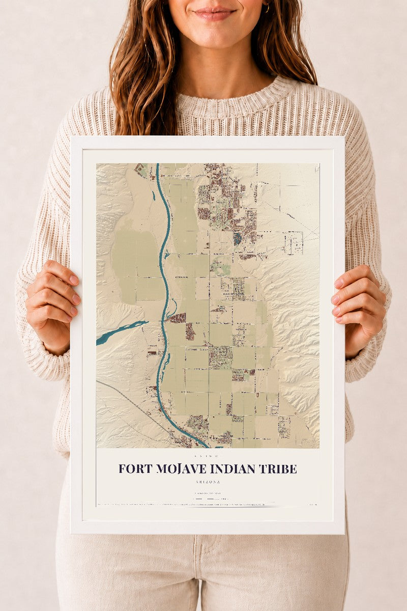 Fort Mojave Indian Tribe, Arizona map print, 12" x 18", W/ White Ayous Wood Frame