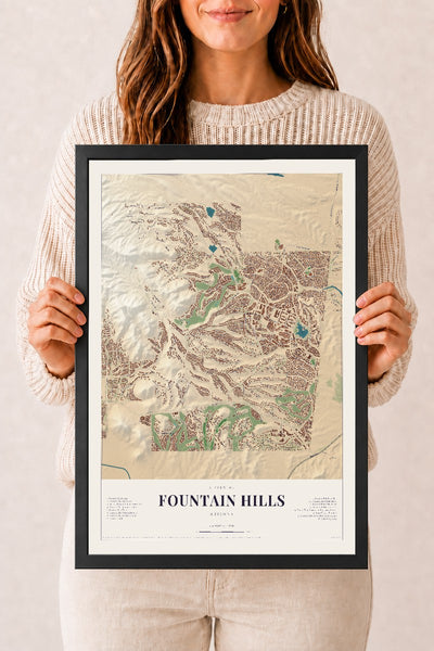 Fountain Hills, Arizona map print, 12" x 18", W/ Black Ayous Wood Frame
