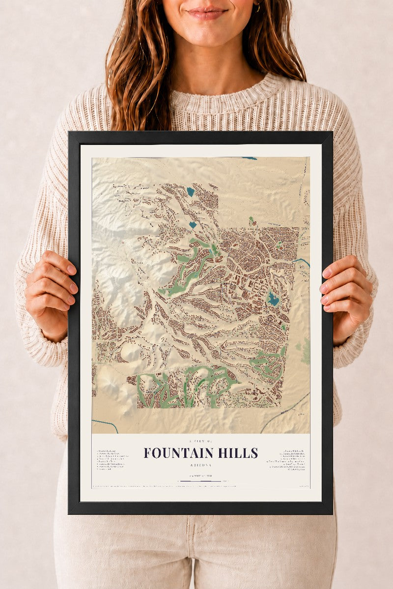 Fountain Hills, Arizona map print, 12" x 18", W/ Black Ayous Wood Frame
