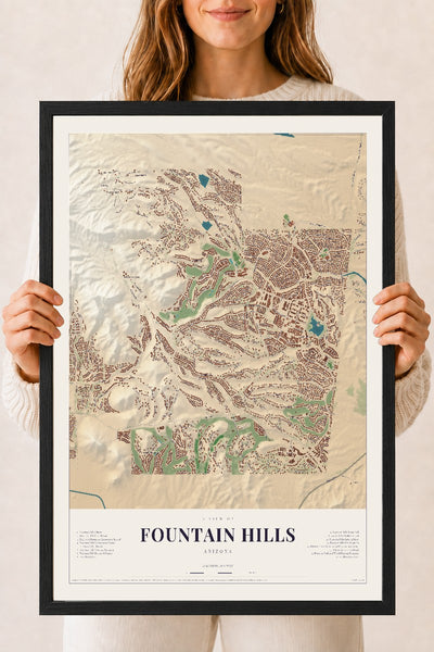 Fountain Hills, Arizona map print, 18" x 24", W/ Black Ayous Wood Frame