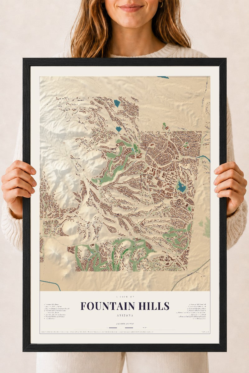 Fountain Hills, Arizona map print, 18" x 24", W/ Black Ayous Wood Frame