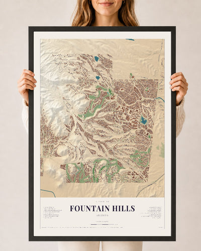 Fountain Hills, Arizona map print, 24" x 36", W/ Black Ayous Wood Frame