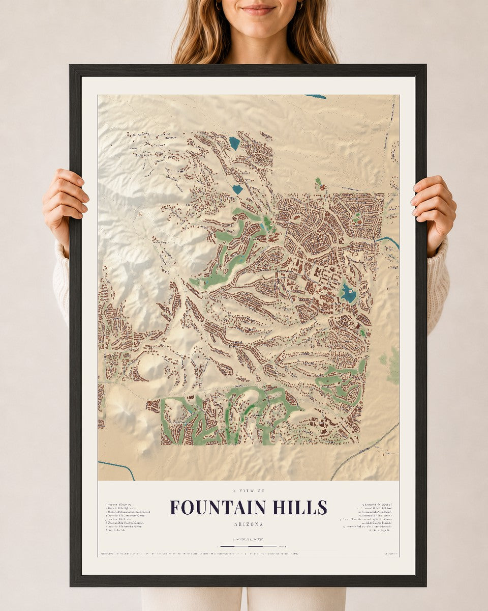 Fountain Hills, Arizona map print, 24" x 36", W/ Black Ayous Wood Frame