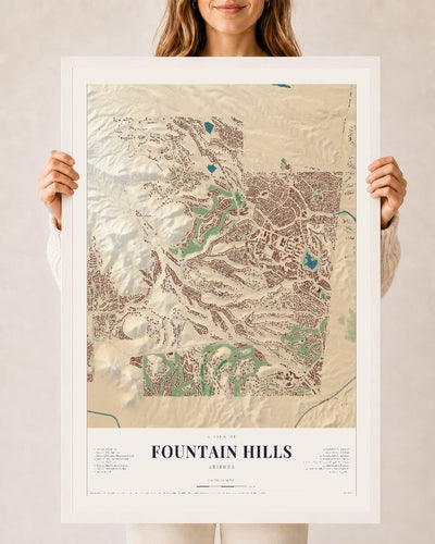 Fountain Hills, Arizona map print, 24" x 36", W/ White Ayous Wood Frame