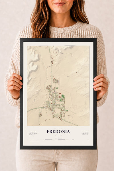 Fredonia, Arizona map print, 12" x 18", W/ Black Ayous Wood Frame