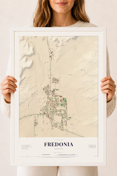 Fredonia, Arizona map print, 18" x 24", W/ White Ayous Wood Frame