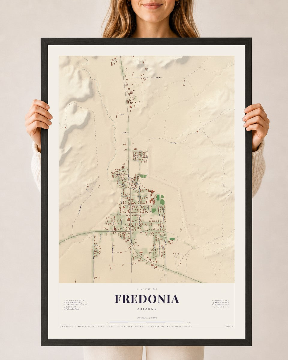 Fredonia, Arizona map print, 24" x 36", W/ Black Ayous Wood Frame