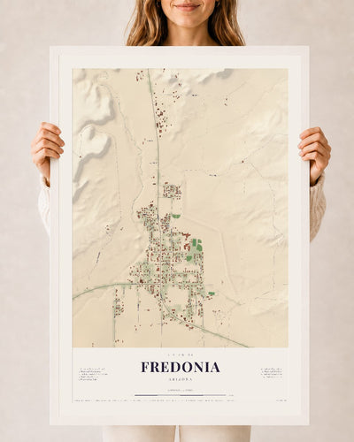 Fredonia, Arizona map print, 24" x 36", W/ White Ayous Wood Frame