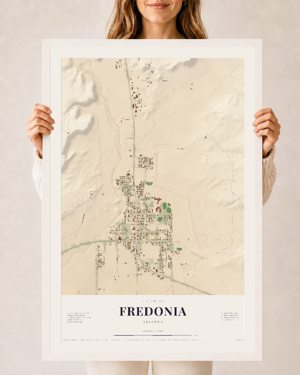 Fredonia, Arizona map print, 24" x 36", W/ White Ayous Wood Frame