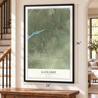 Ganado, Arizona map, 24 x 36 inch print in a black frame by a staircase