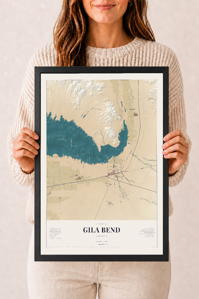 Gila Bend, Arizona map print, 12" x 18", W/ Black Ayous Wood Frame