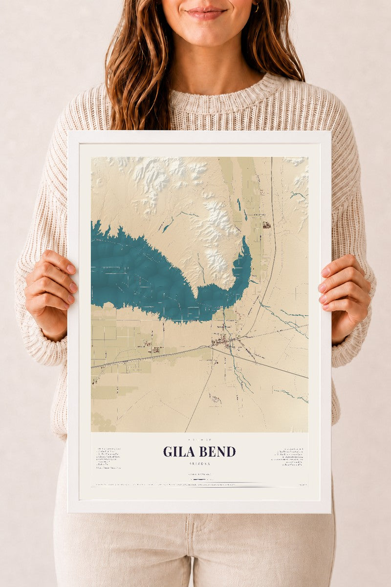 Gila Bend, Arizona map print, 12" x 18", W/ White Ayous Wood Frame