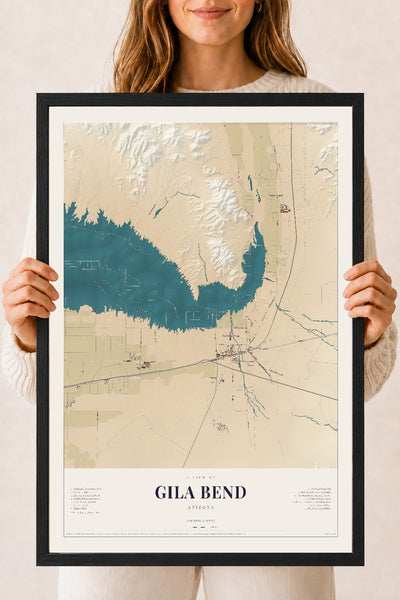 Gila Bend, Arizona map print, 18" x 24", W/ Black Ayous Wood Frame
