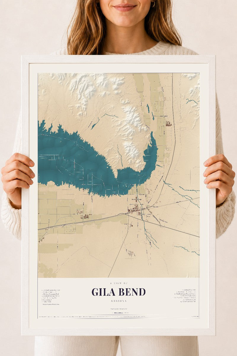 Gila Bend, Arizona map print, 18" x 24", W/ White Ayous Wood Frame