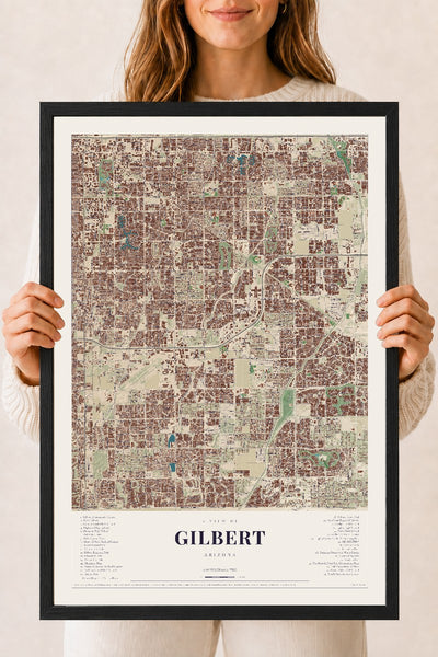 Gilbert, Arizona map print, 18" x 24", W/ Black Ayous Wood Frame