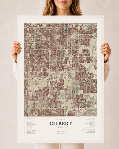 Gilbert, Arizona map print, 24" x 36", W/ White Ayous Wood Frame