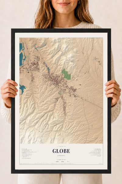 Globe, Arizona map print, 18" x 24", W/ Black Ayous Wood Frame