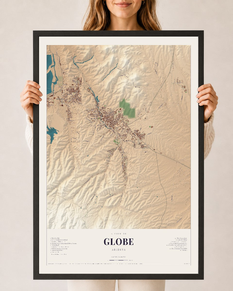 Globe, Arizona map print, 24" x 36", W/ Black Ayous Wood Frame