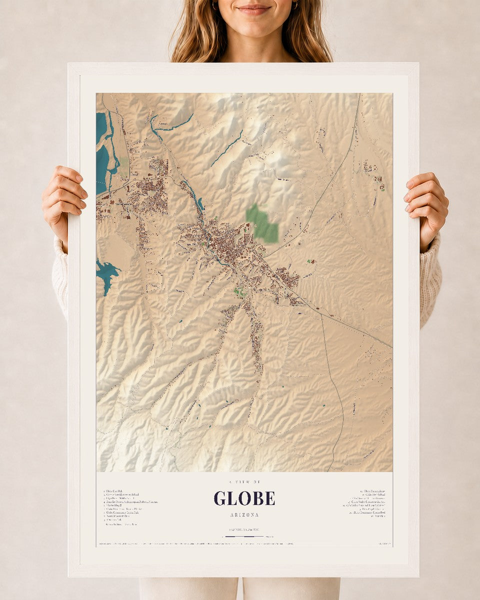 Globe, Arizona map print, 24" x 36", W/ White Ayous Wood Frame