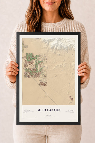 Gold Canyon, Arizona map print, 12" x 18", W/ Black Ayous Wood Frame