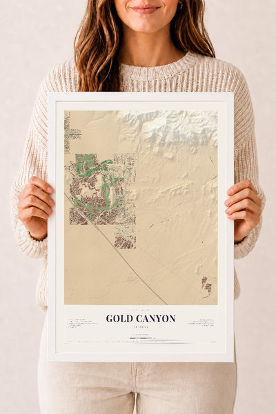 Gold Canyon, Arizona map print, 12" x 18", W/ White Ayous Wood Frame
