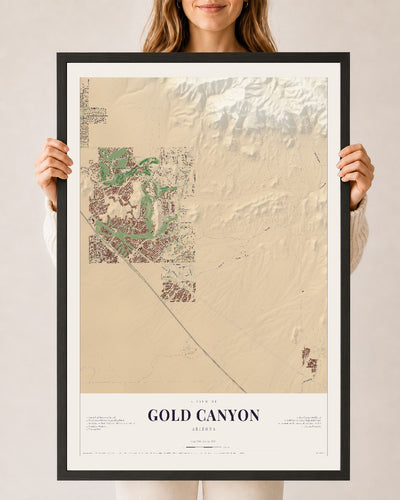 Gold Canyon, Arizona map print, 24" x 36", W/ Black Ayous Wood Frame