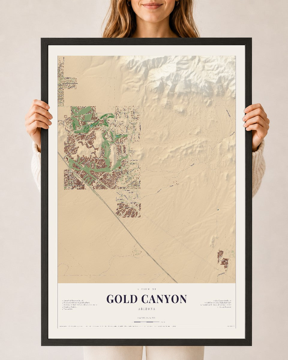 Gold Canyon, Arizona map print, 24" x 36", W/ Black Ayous Wood Frame