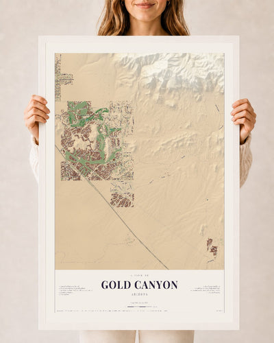 Gold Canyon, Arizona map print, 24" x 36", W/ White Ayous Wood Frame