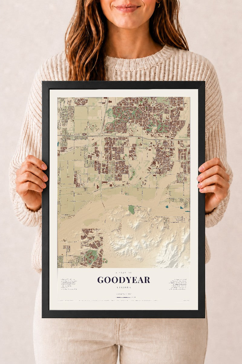 Goodyear, Arizona map print, 12" x 18", W/ Black Ayous Wood Frame