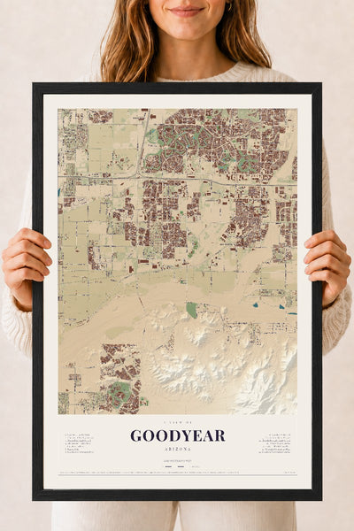 Goodyear, Arizona map print, 18" x 24", W/ Black Ayous Wood Frame