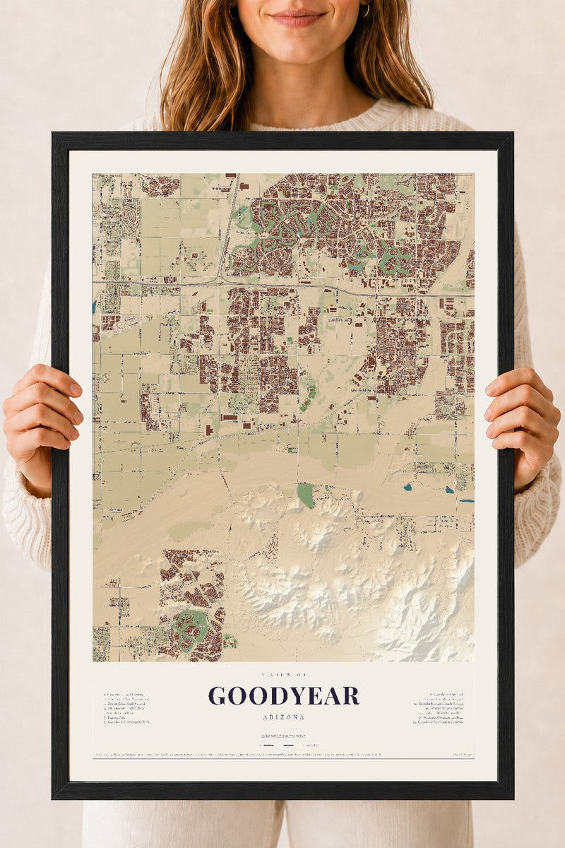 Goodyear, Arizona map print, 18" x 24", W/ Black Ayous Wood Frame