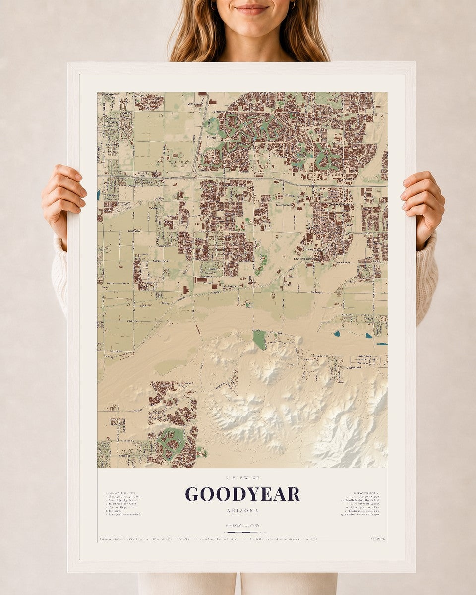 Goodyear, Arizona map print, 24" x 36", W/ White Ayous Wood Frame