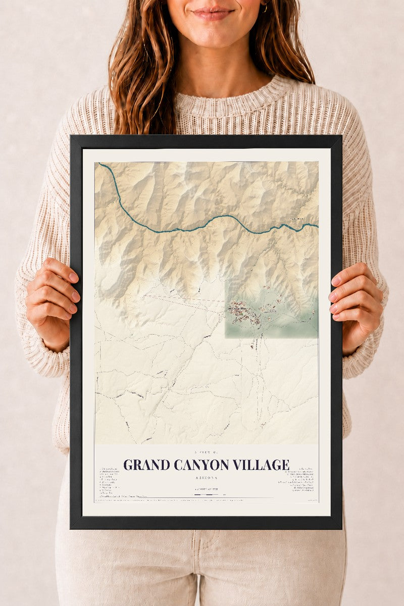 Grand Canyon Village, Arizona map print, 12" x 18", W/ Black Ayous Wood Frame