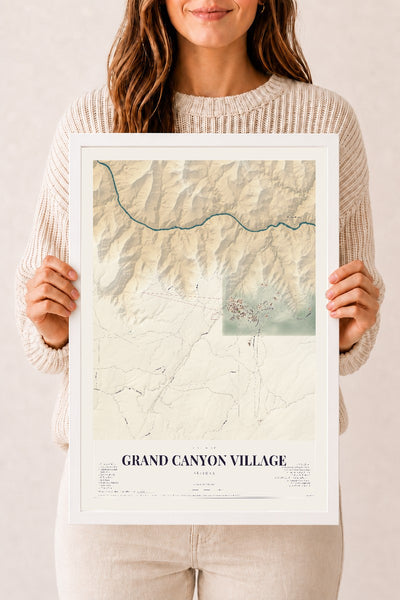 Grand Canyon Village, Arizona map print, 12" x 18", W/ White Ayous Wood Frame