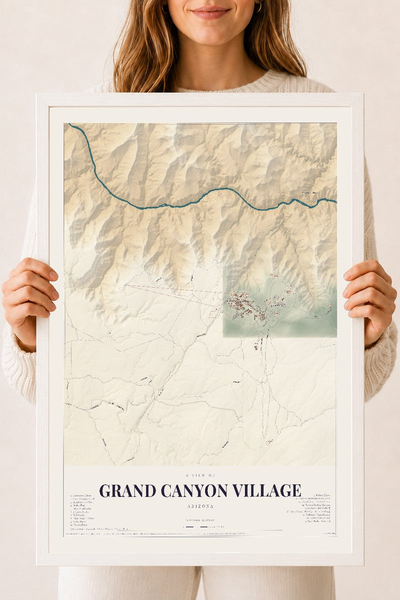 Grand Canyon Village, Arizona map print, 18" x 24", W/ White Ayous Wood Frame