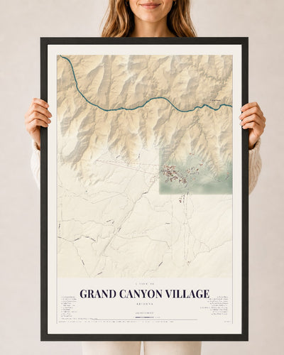 Grand Canyon Village, Arizona map print, 24" x 36", W/ Black Ayous Wood Frame