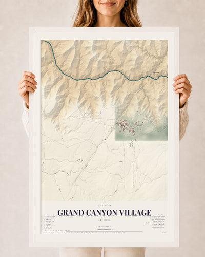 Grand Canyon Village, Arizona map print, 24" x 36", W/ White Ayous Wood Frame