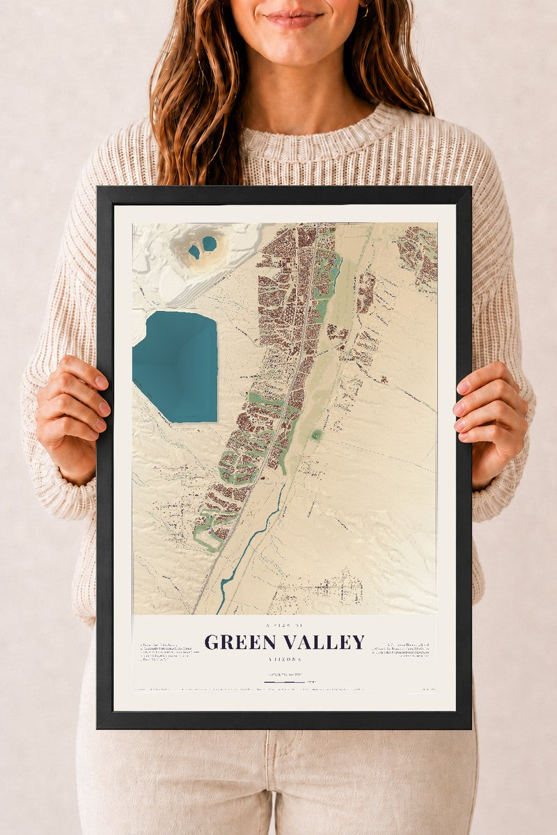 Green Valley, Arizona map print, 12" x 18", W/ Black Ayous Wood Frame