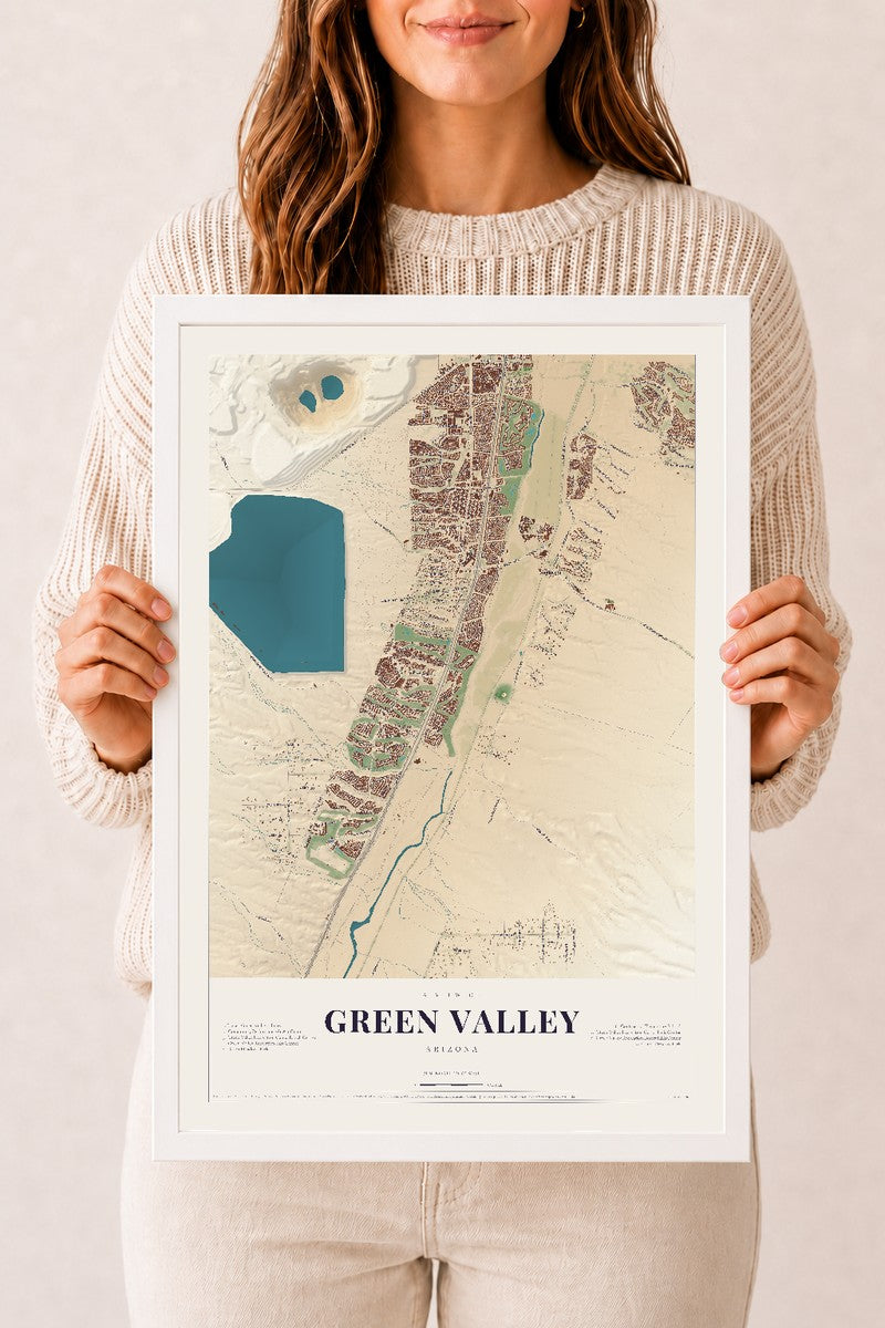 Green Valley, Arizona map print, 12" x 18", W/ White Ayous Wood Frame